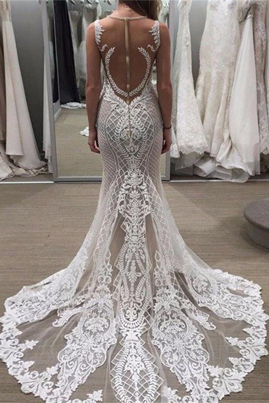 Sleeveless Lace Detachable-Train Illusion Zipper Delicate Wedding Dress BA4005