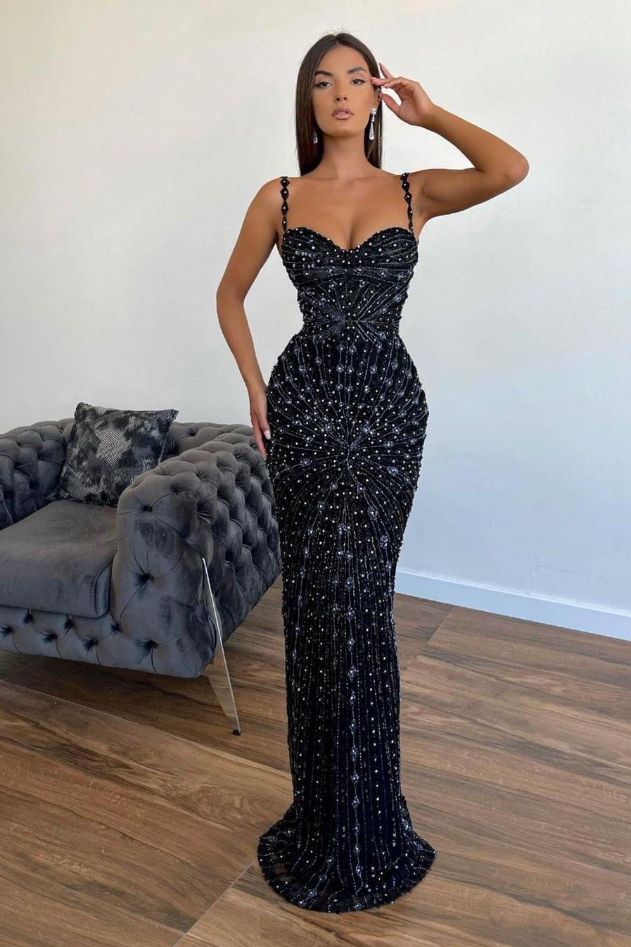 Sleeveless Mermaid Beading Spaghetti Strap Black Prom Dress Evening Formal Dress
