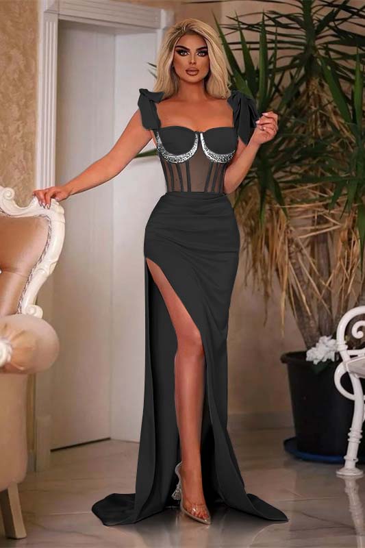Sleeveless Mermaid Sky Blue Prom Dress Sweetheart Beaded Evening Formal Dress With Side Split