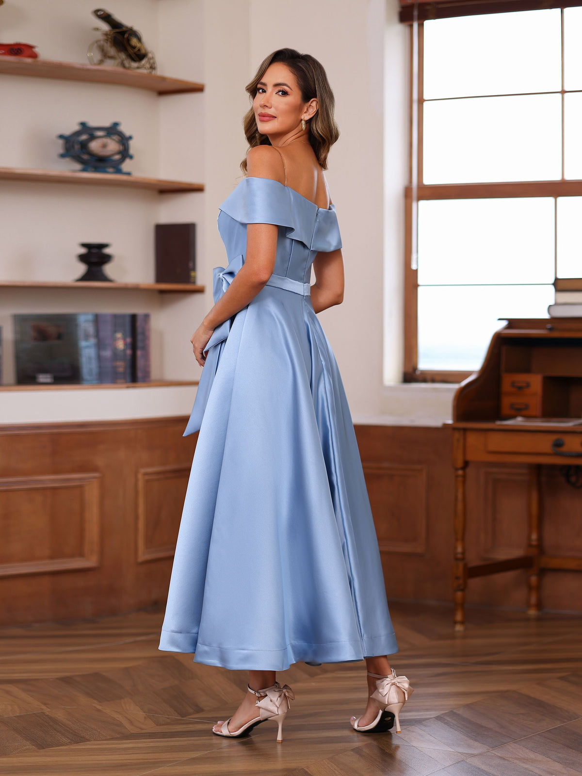 Sleeveless Off the Shoulder A Line Mother of the Bride Dress with Pockets Ankle Length