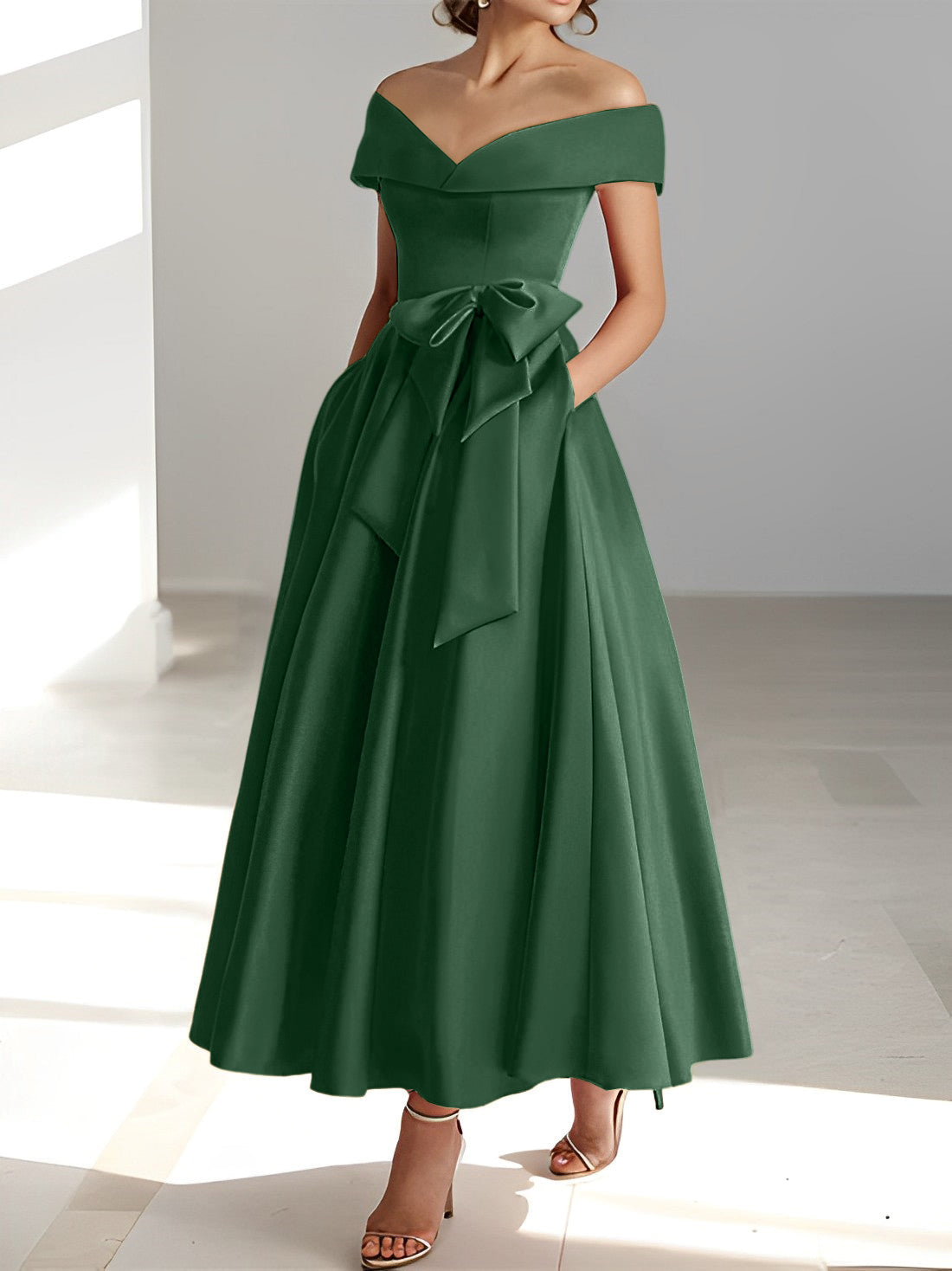 Sleeveless Off the Shoulder A Line Ankle Length Mother of the Bride Dress with Pockets