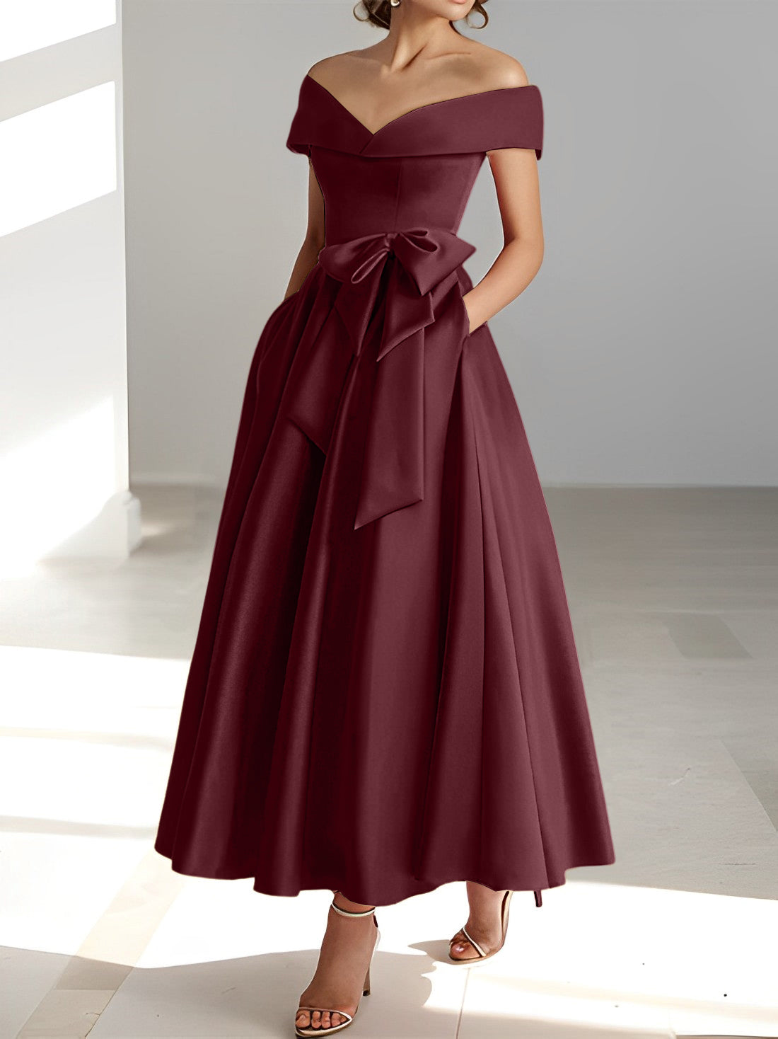 Sleeveless Off the Shoulder A Line Ankle Length Mother of the Bride Dress with Pockets