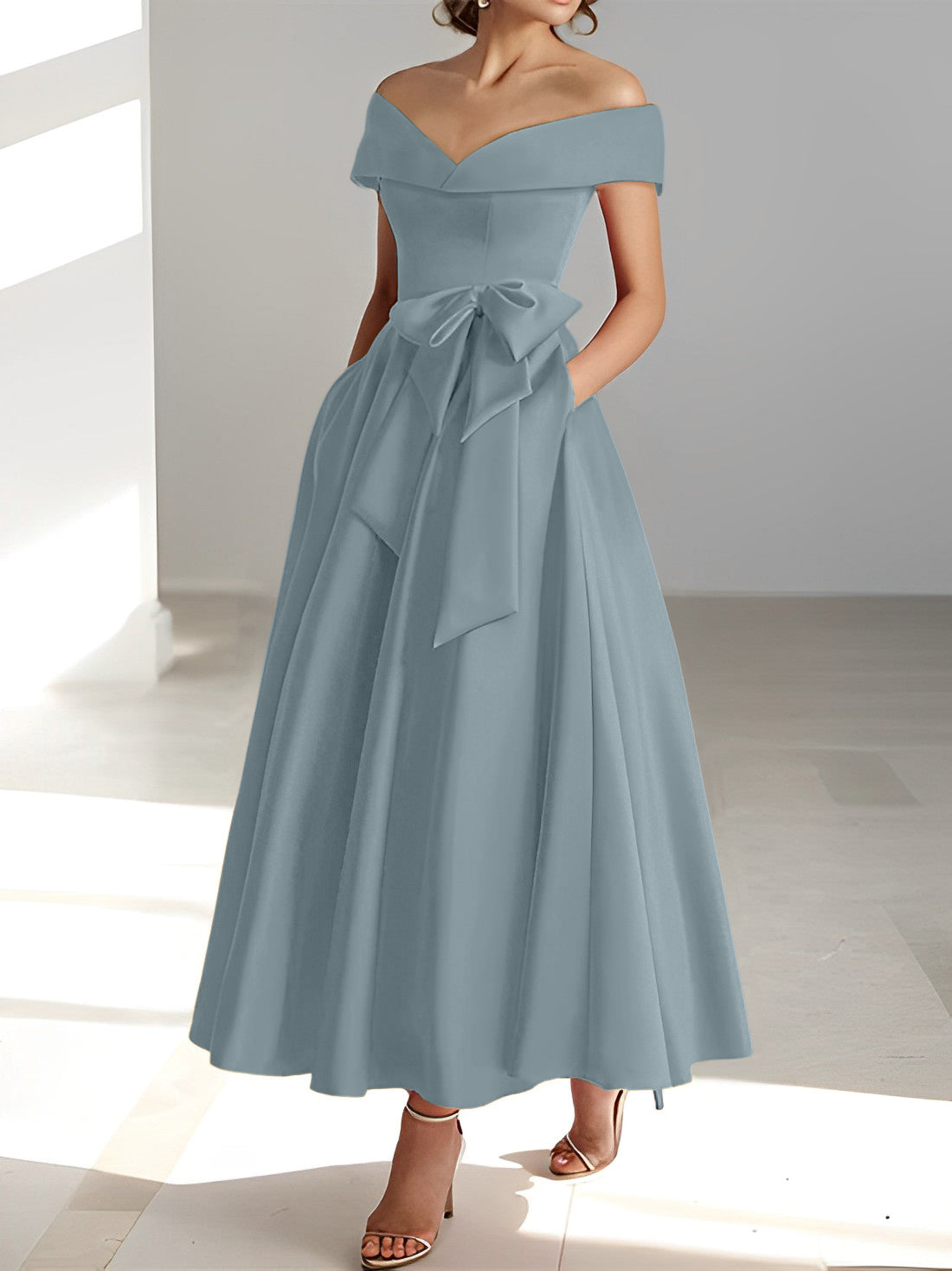 Sleeveless Off the Shoulder A Line Ankle Length Mother of the Bride Dress with Pockets