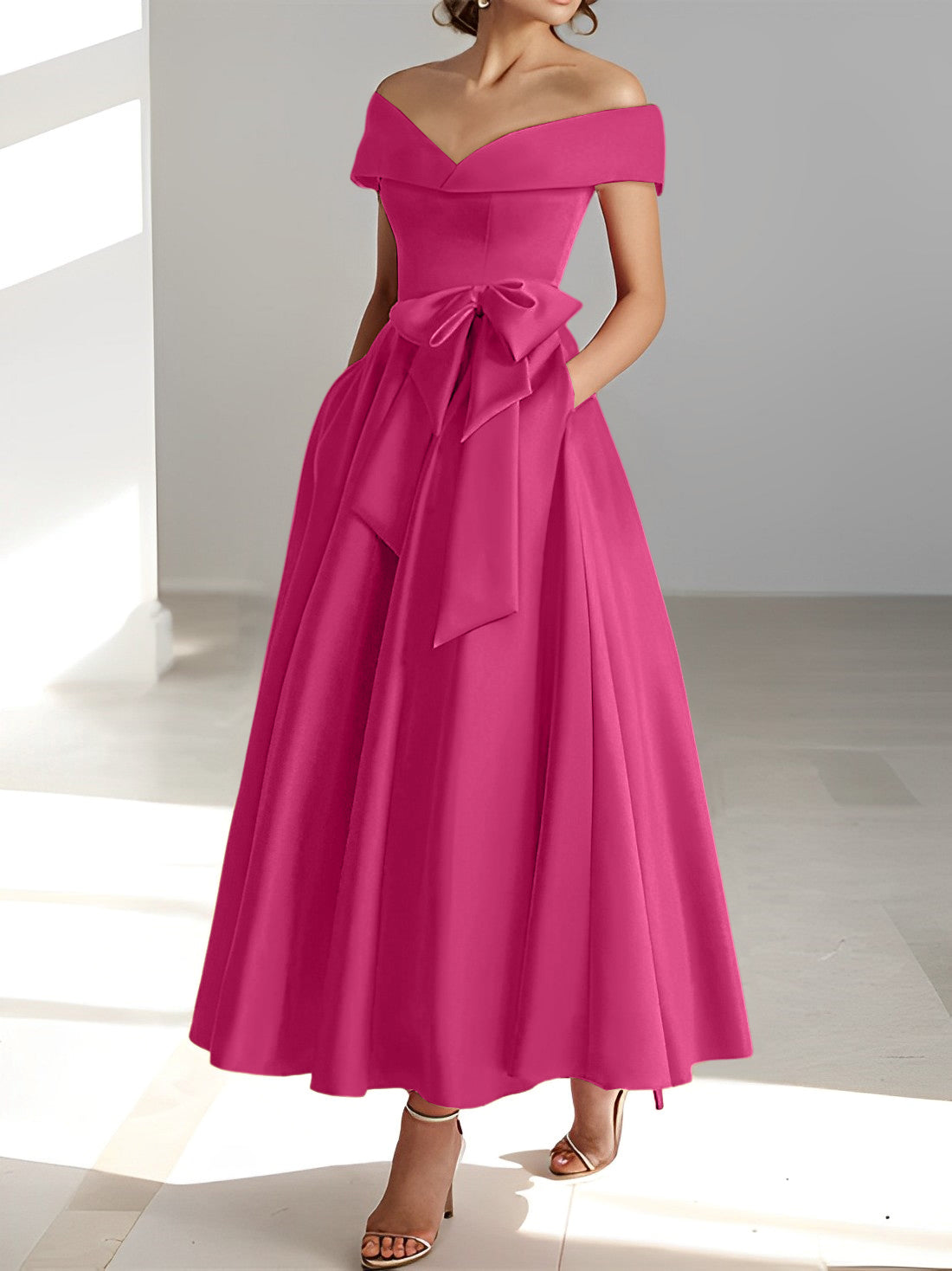 Sleeveless Off the Shoulder A Line Ankle Length Mother of the Bride Dress with Pockets