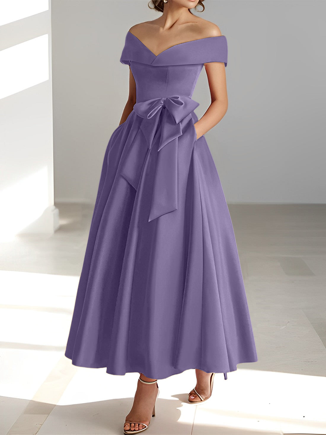 Sleeveless Off the Shoulder A Line Ankle Length Mother of the Bride Dress with Pockets
