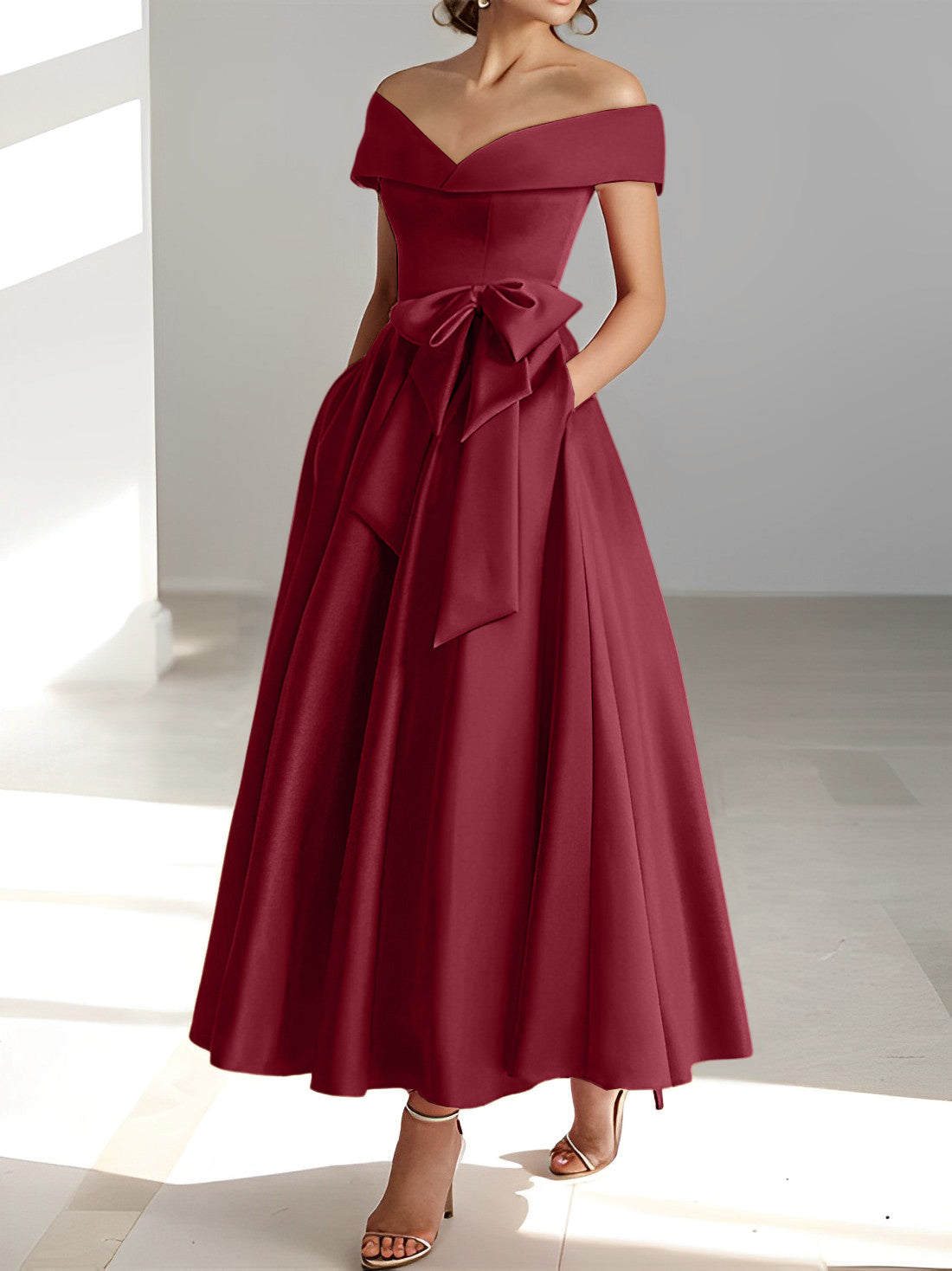 Sleeveless Off the Shoulder A Line Ankle Length Mother of the Bride Dress with Pockets