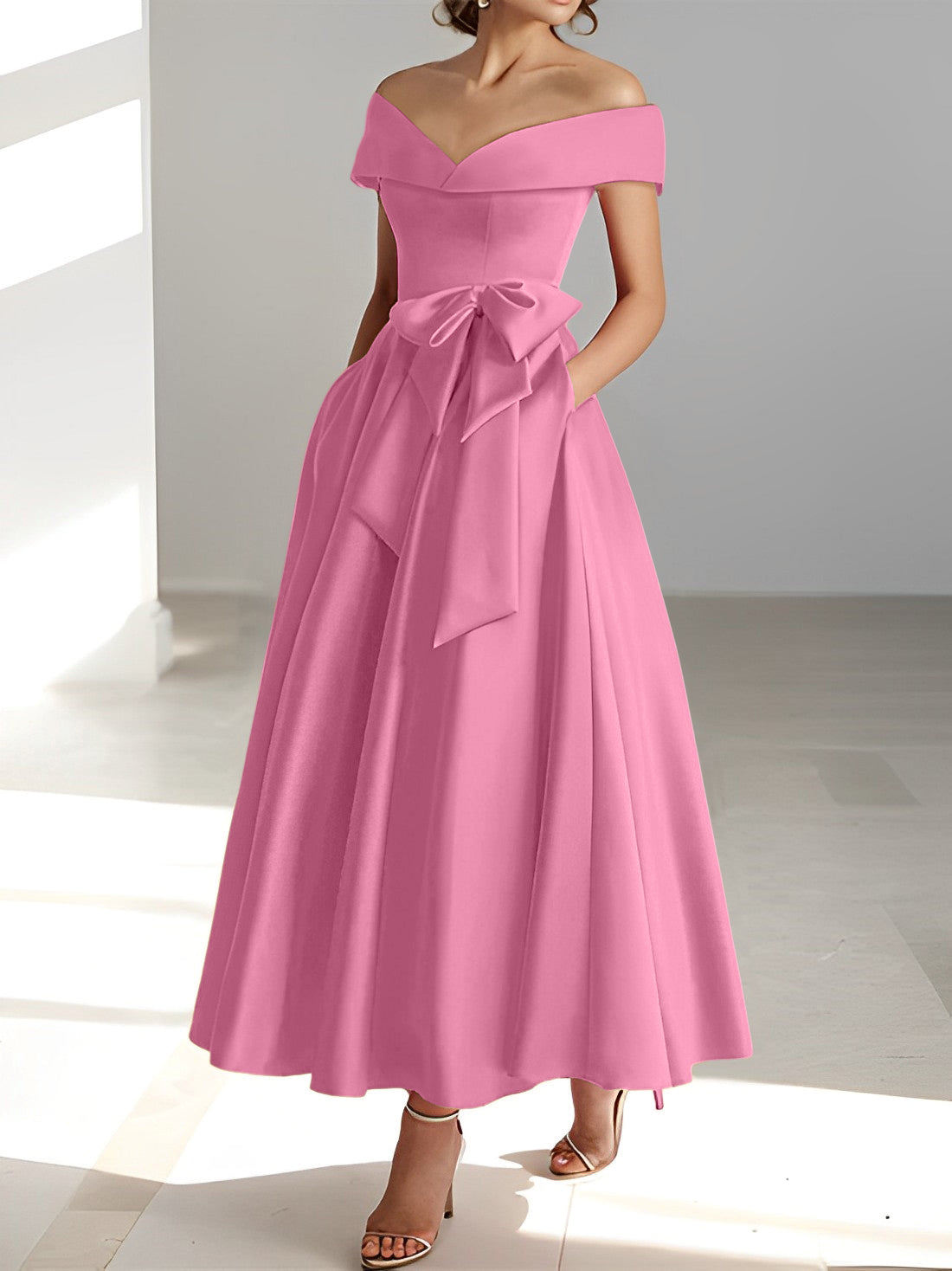 Sleeveless Off the Shoulder A Line Ankle Length Mother of the Bride Dress with Pockets
