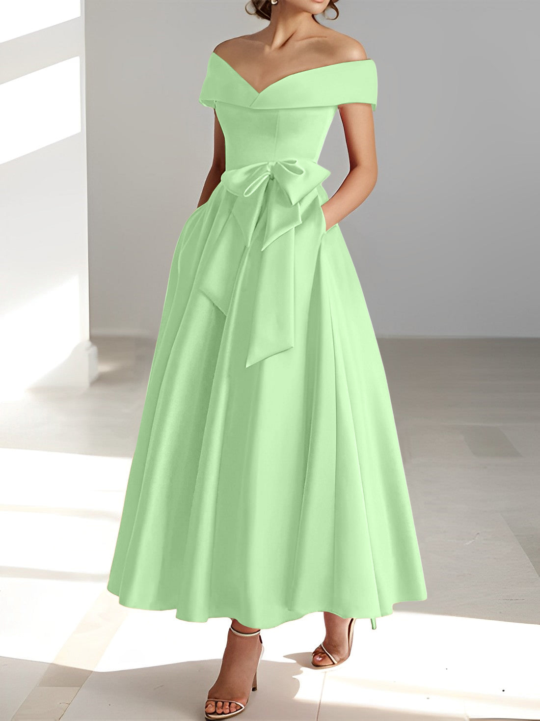 Sleeveless Off the Shoulder A Line Ankle Length Mother of the Bride Dress with Pockets