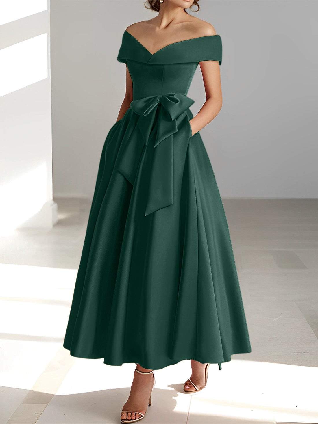 Sleeveless Off the Shoulder A Line Ankle Length Mother of the Bride Dress with Pockets