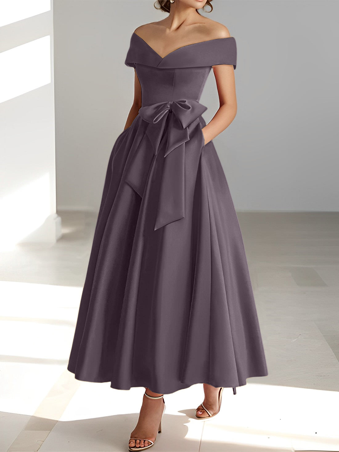 Sleeveless Off the Shoulder A Line Ankle Length Mother of the Bride Dress with Pockets