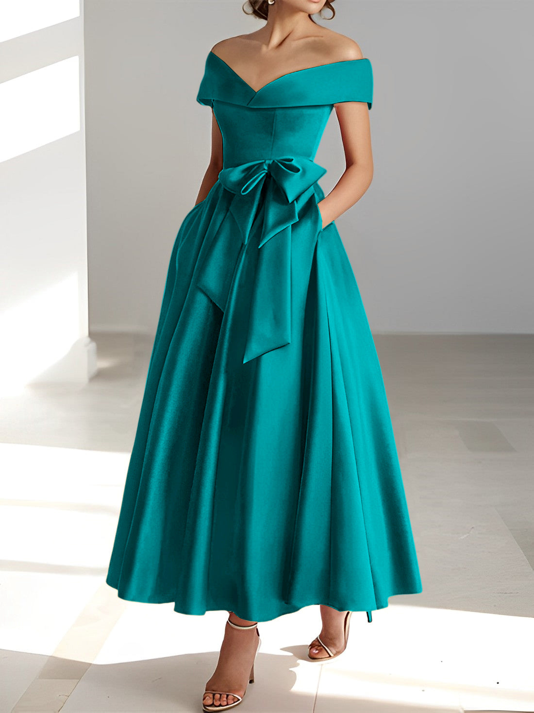 Sleeveless Off the Shoulder A Line Ankle Length Mother of the Bride Dress with Pockets
