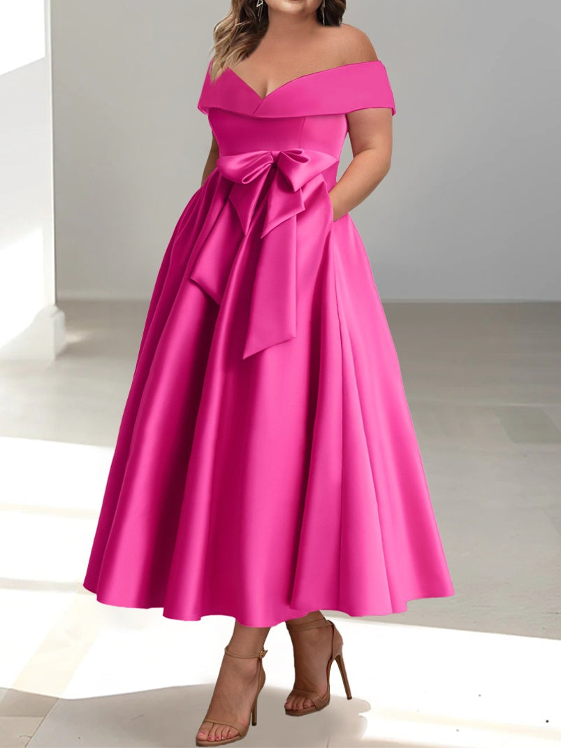 Sleeveless Off the Shoulder A Line Ankle Length Mother of the Bride Dress with Pockets