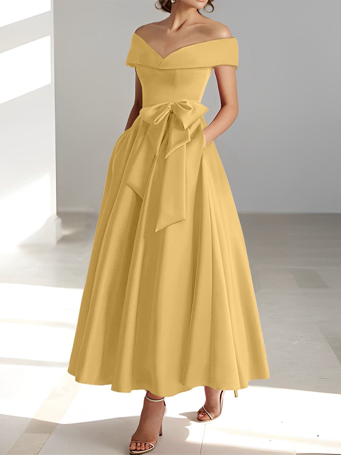 Sleeveless Off the Shoulder A Line Ankle Length Mother of the Bride Dress with Pockets