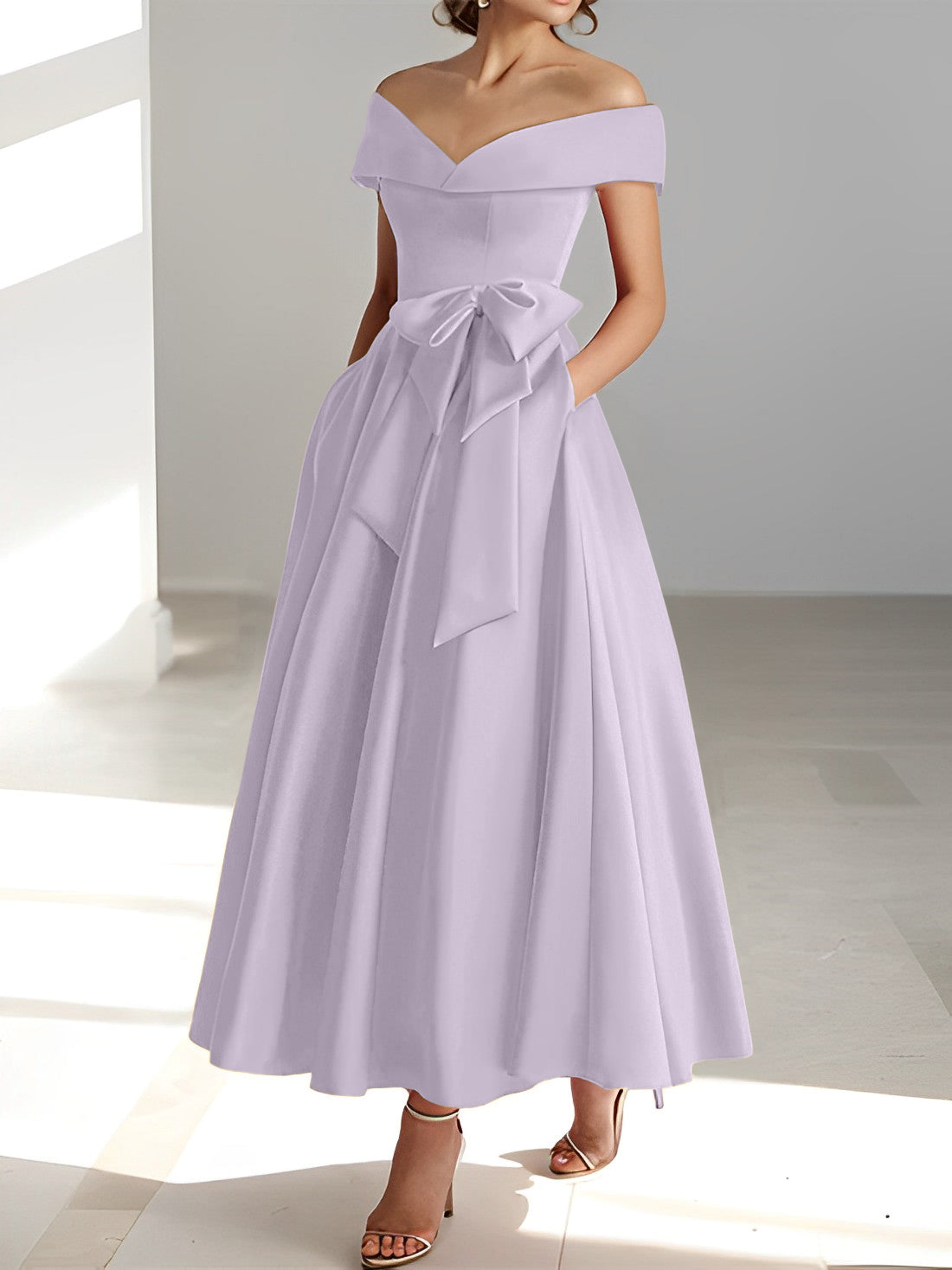 Sleeveless Off the Shoulder A Line Ankle Length Mother of the Bride Dress with Pockets