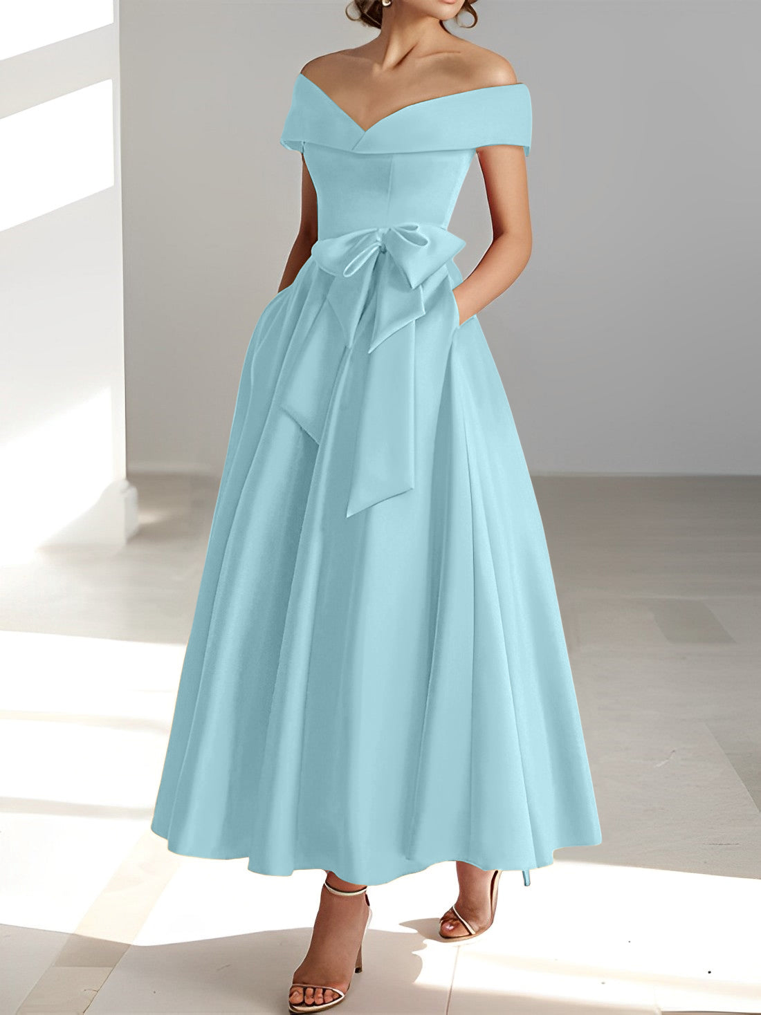 Sleeveless Off the Shoulder A Line Ankle Length Mother of the Bride Dress with Pockets