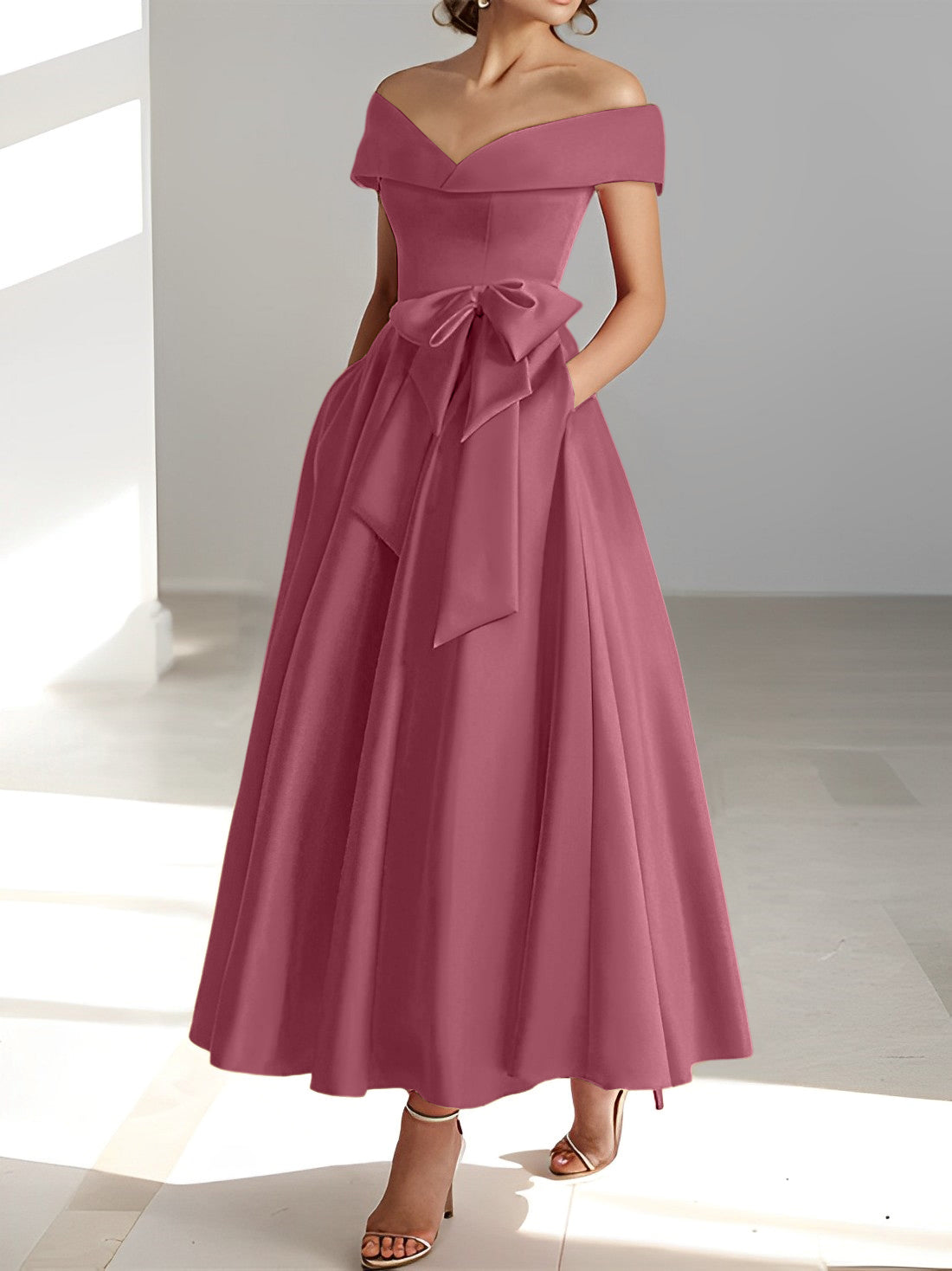 Sleeveless Off the Shoulder A Line Ankle Length Mother of the Bride Dress with Pockets