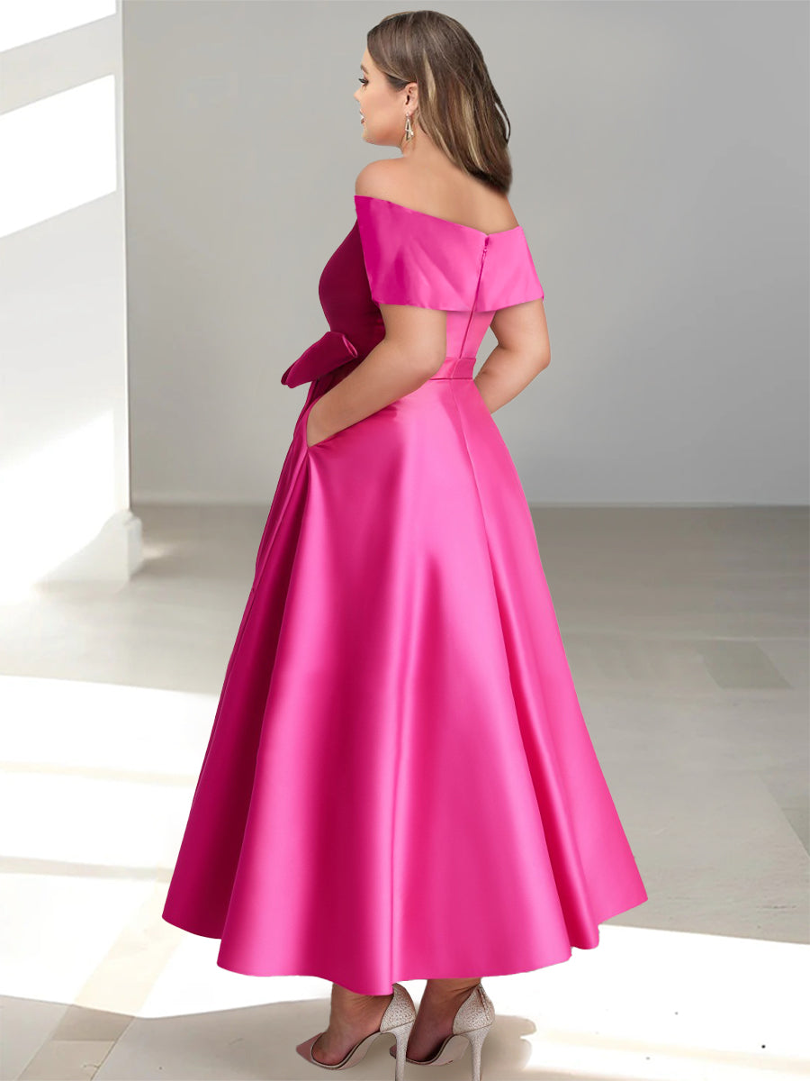 Sleeveless Off the Shoulder A Line Ankle Length Mother of the Bride Dress with Pockets