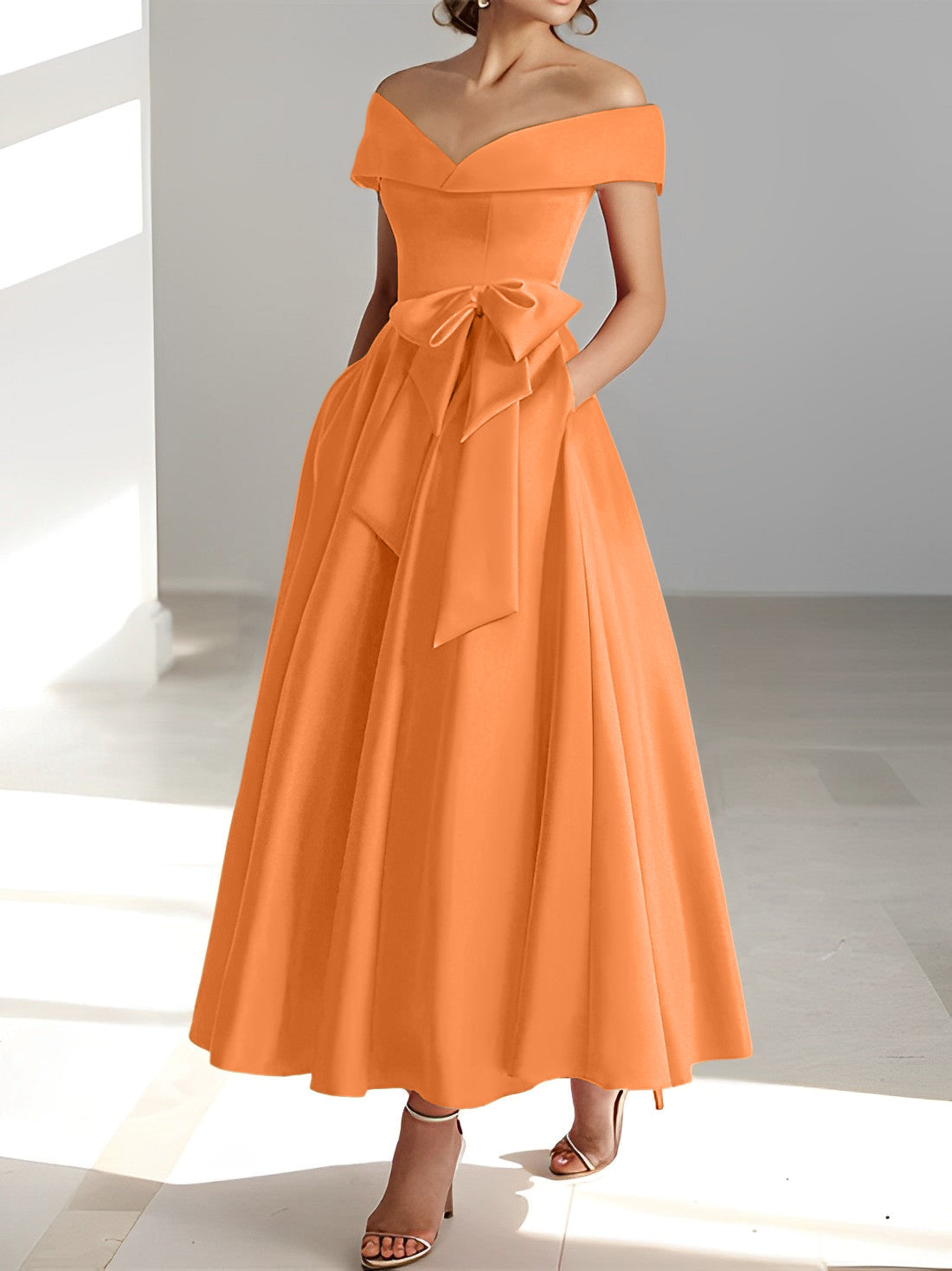 Sleeveless Off the Shoulder A Line Ankle Length Mother of the Bride Dress with Pockets