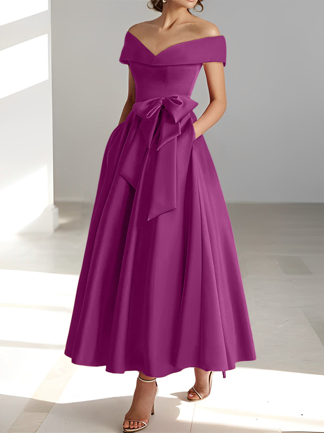 Sleeveless Off the Shoulder A Line Ankle Length Mother of the Bride Dress with Pockets