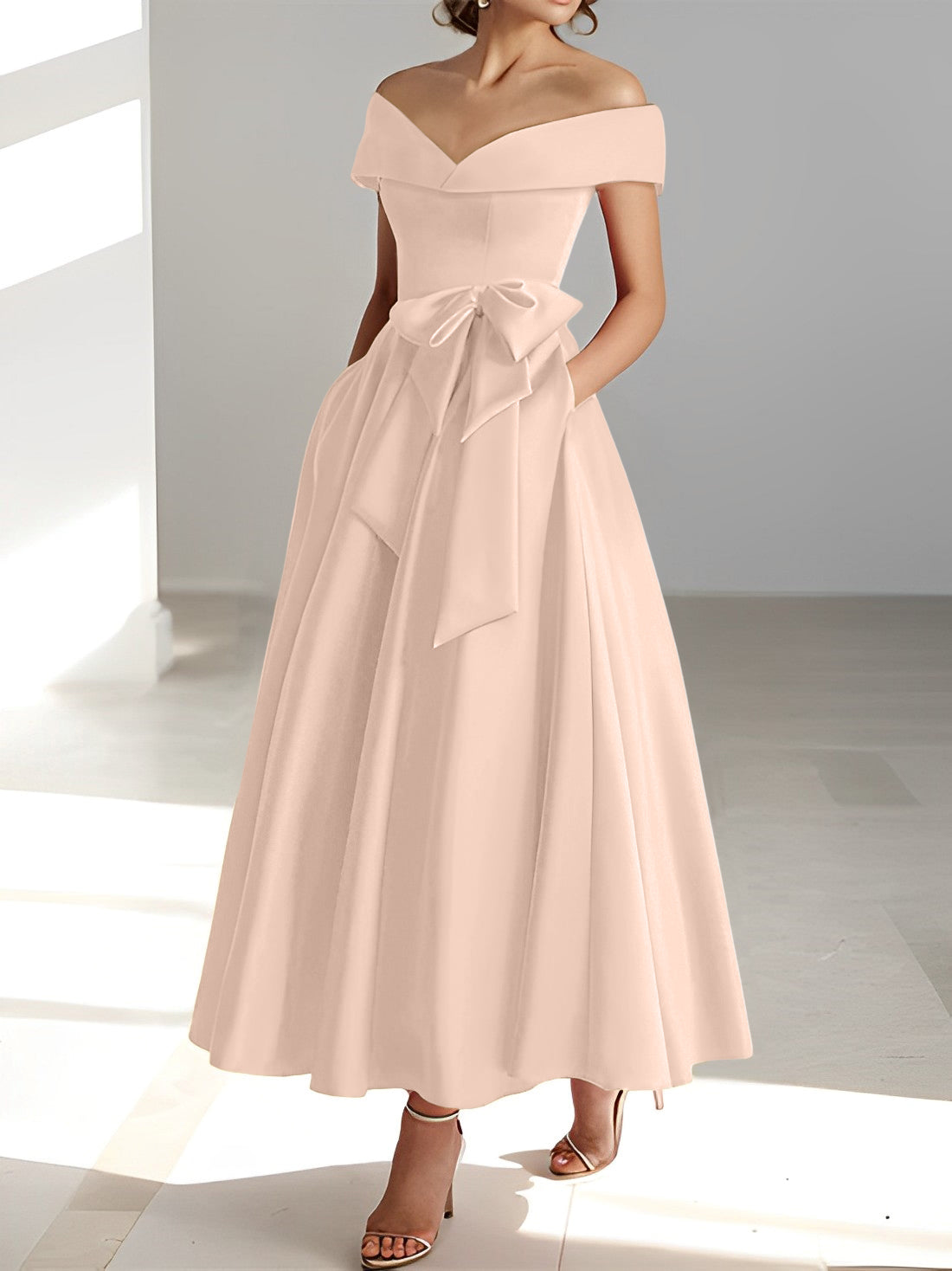 Sleeveless Off the Shoulder A Line Ankle Length Mother of the Bride Dress with Pockets