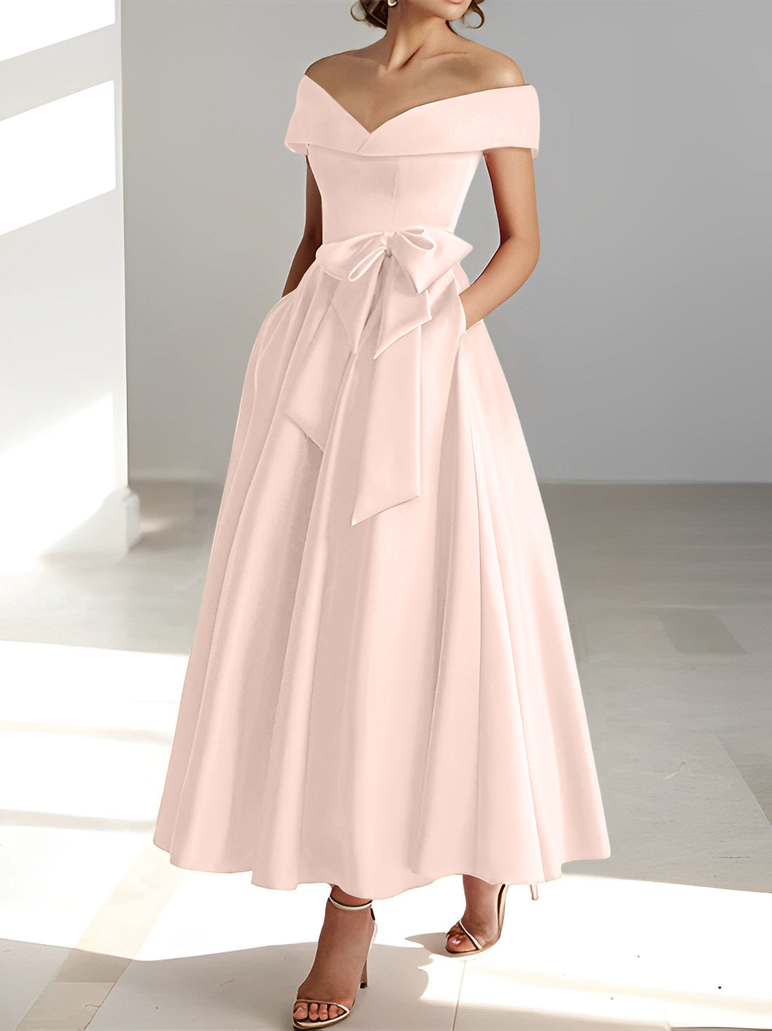 Sleeveless Off the Shoulder A Line Ankle Length Mother of the Bride Dress with Pockets