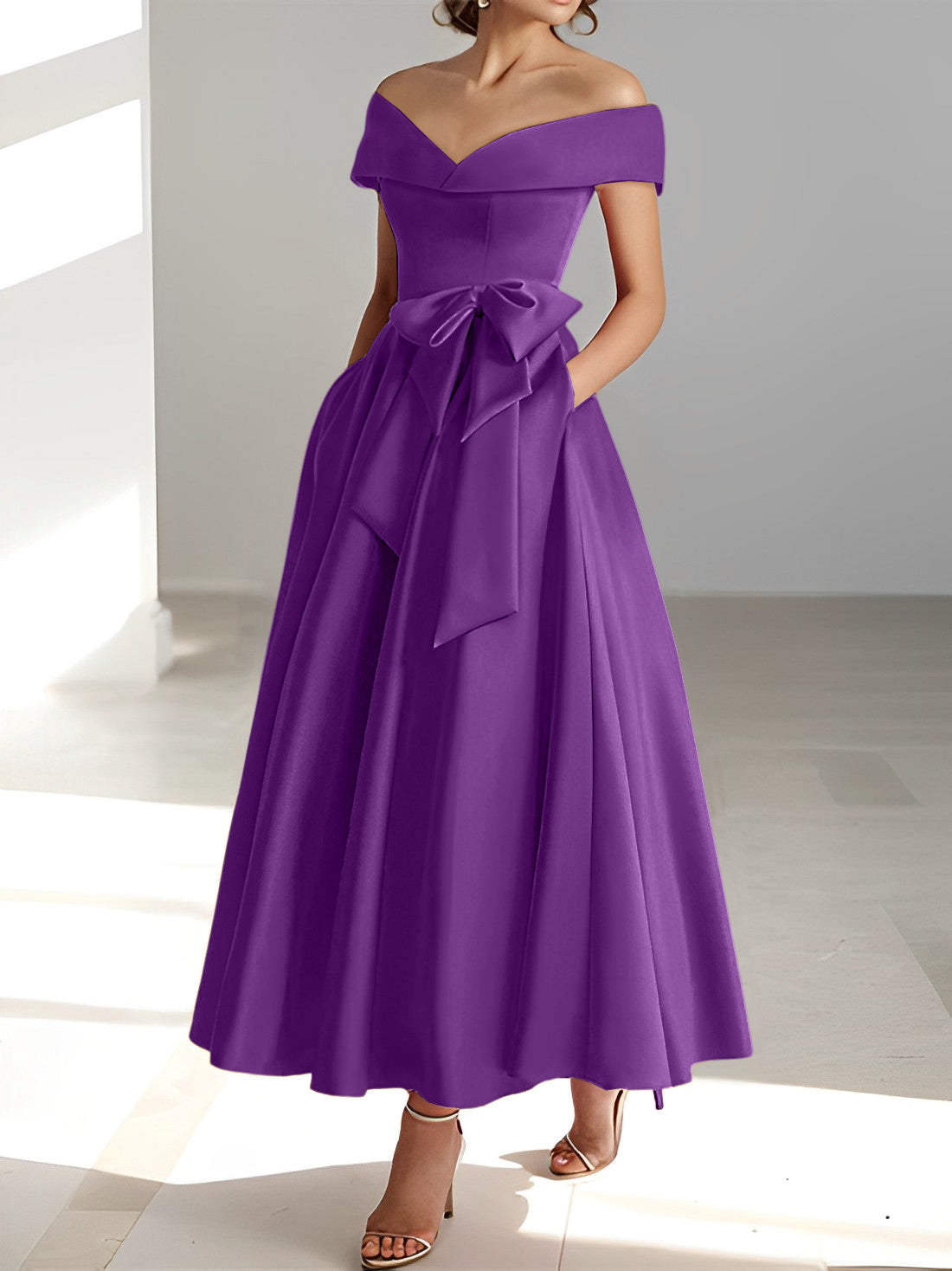Sleeveless Off the Shoulder A Line Ankle Length Mother of the Bride Dress with Pockets