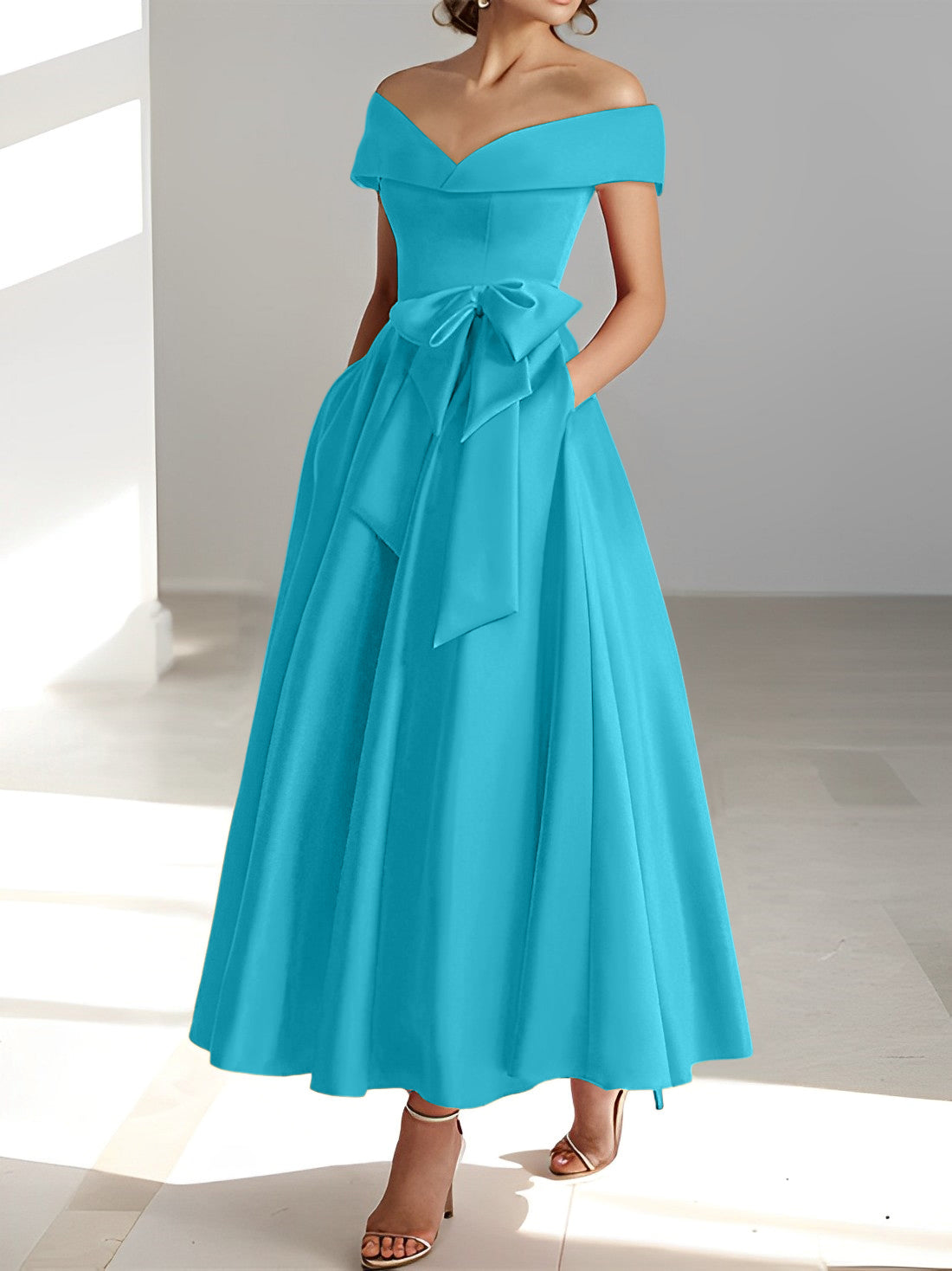 Sleeveless Off the Shoulder A Line Ankle Length Mother of the Bride Dress with Pockets