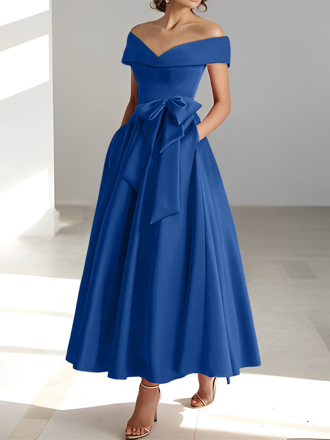 Sleeveless Off the Shoulder A Line Ankle Length Mother of the Bride Dress with Pockets