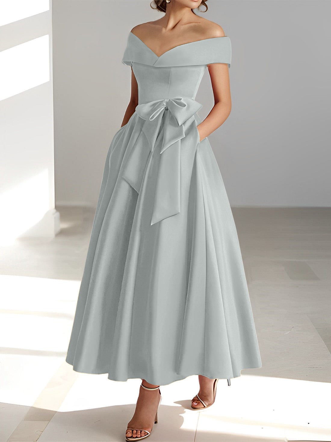 Sleeveless Off the Shoulder A Line Ankle Length Mother of the Bride Dress with Pockets