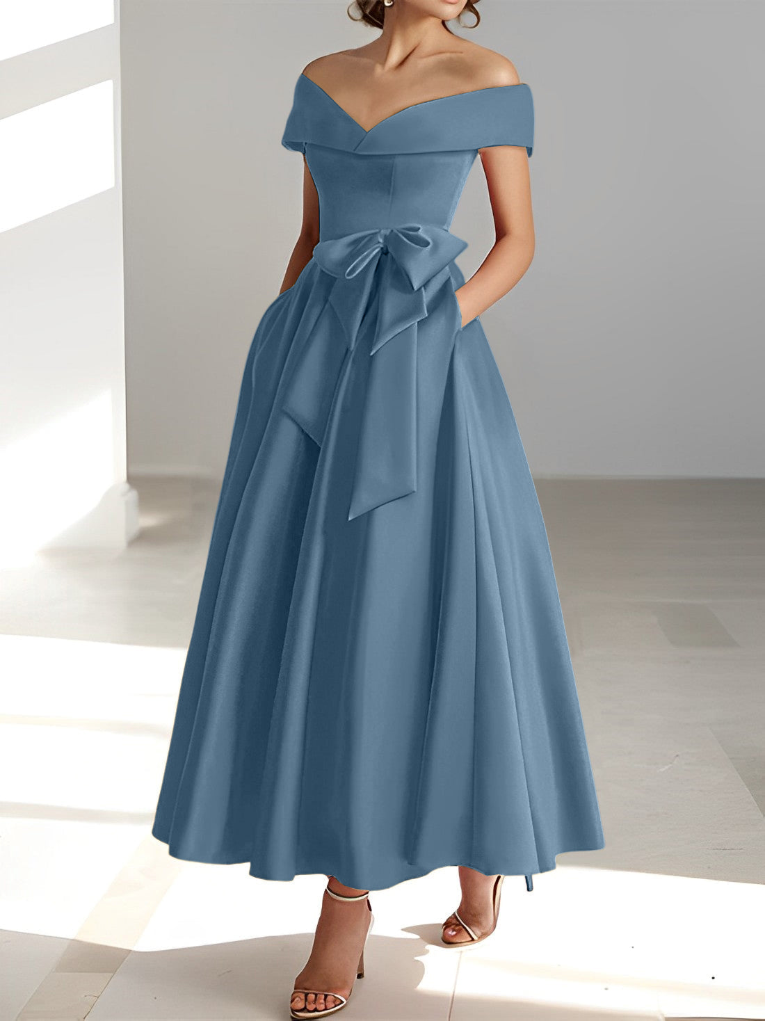 Sleeveless Off the Shoulder A Line Ankle Length Mother of the Bride Dress with Pockets