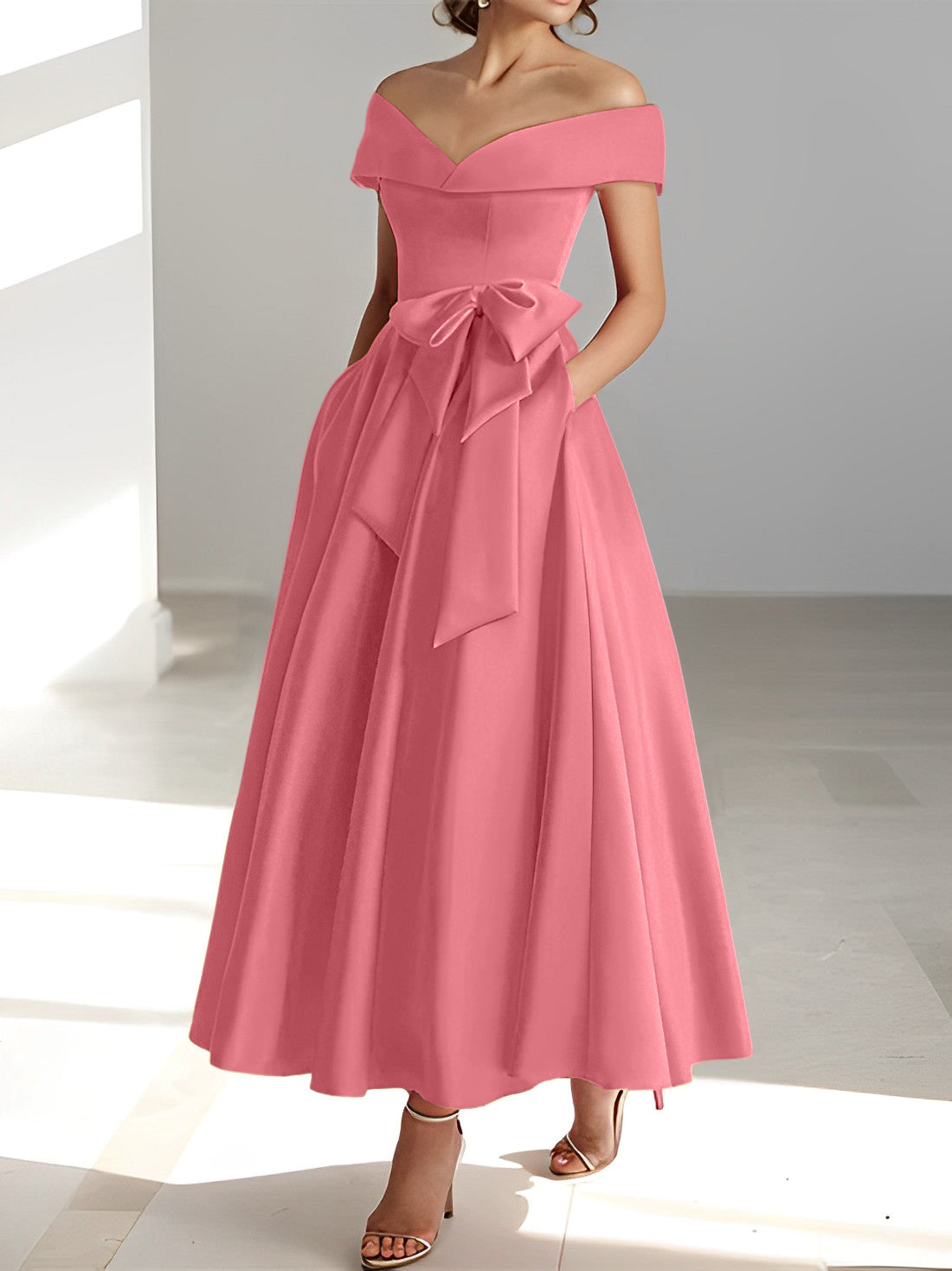 Sleeveless Off the Shoulder A Line Ankle Length Mother of the Bride Dress with Pockets
