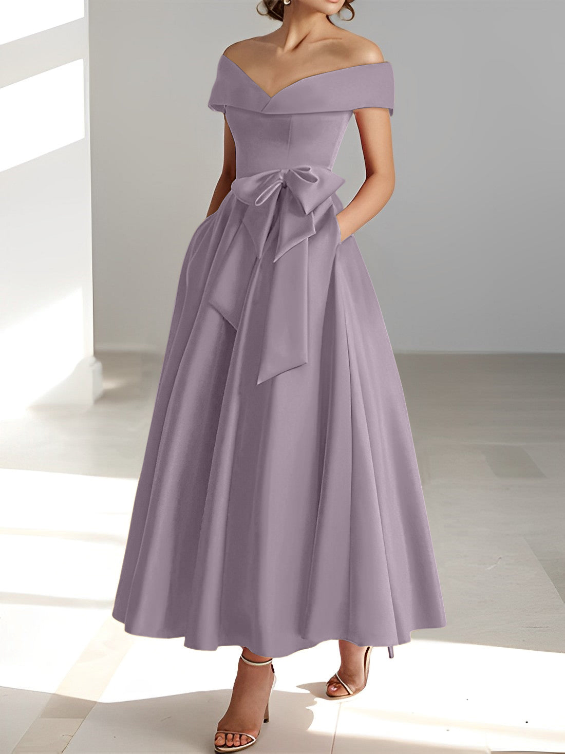 Sleeveless Off the Shoulder A Line Ankle Length Mother of the Bride Dress with Pockets