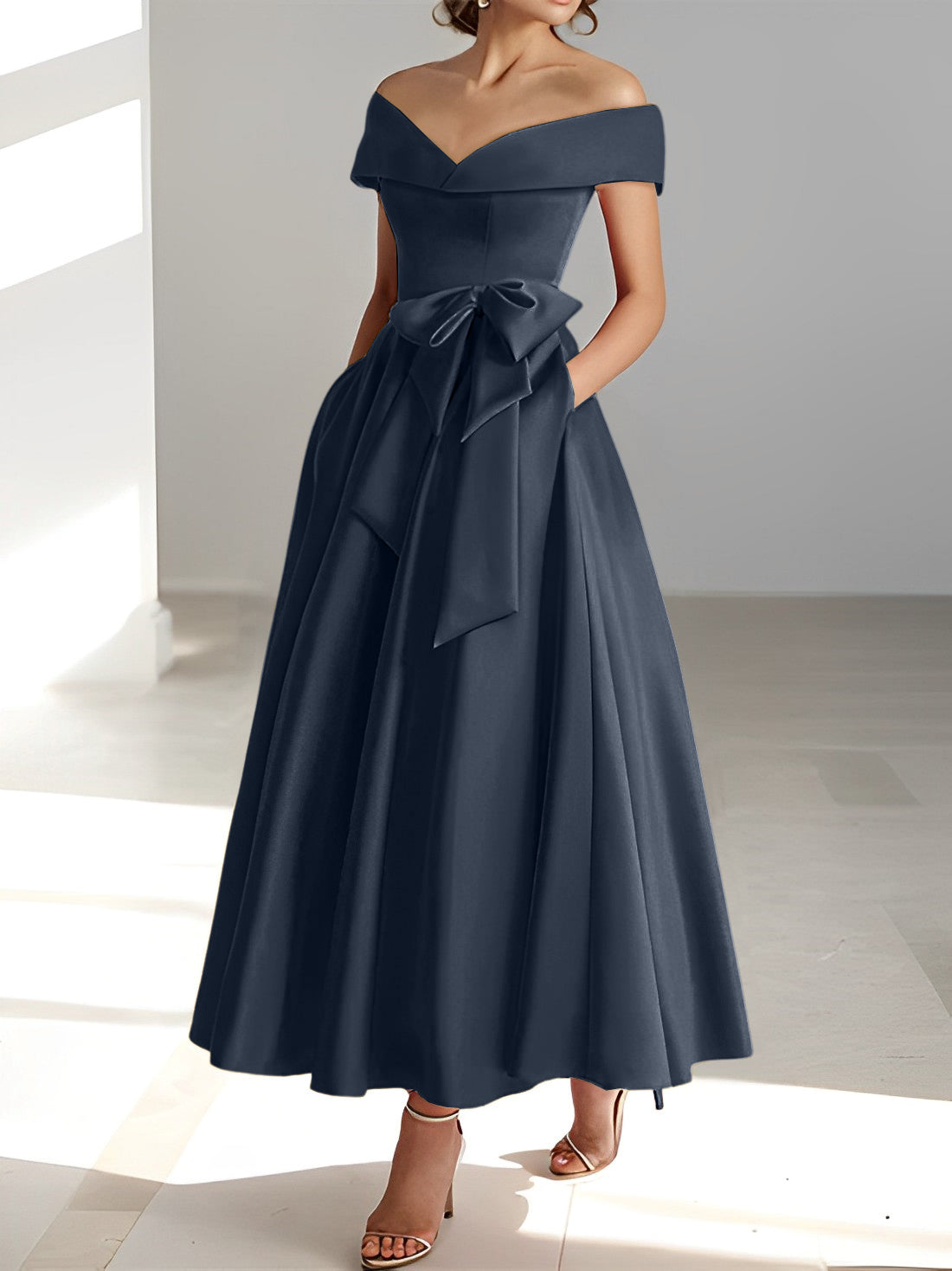 Sleeveless Off the Shoulder A Line Ankle Length Mother of the Bride Dress with Pockets