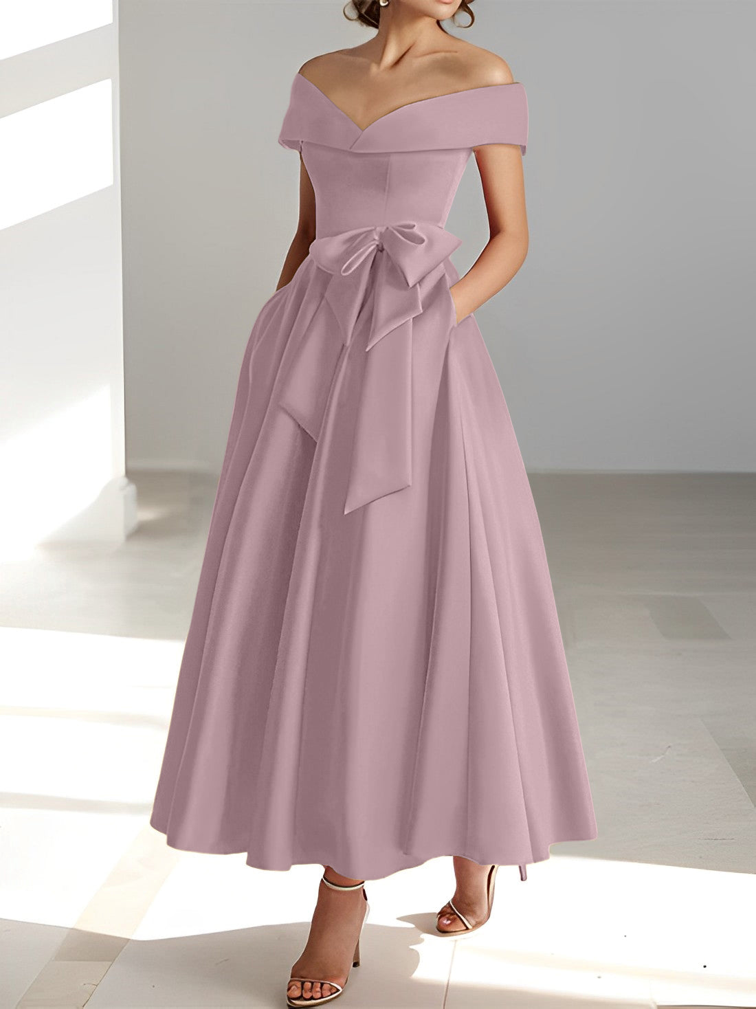 Sleeveless Off the Shoulder A Line Ankle Length Mother of the Bride Dress with Pockets