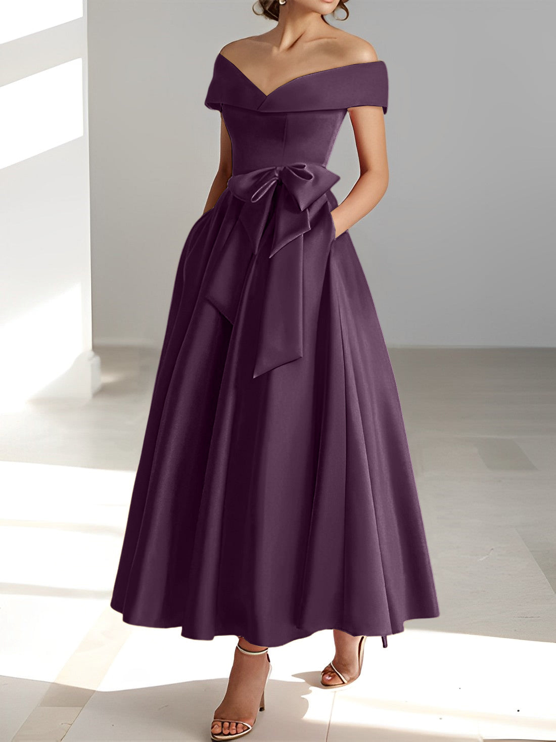 Sleeveless Off the Shoulder A Line Ankle Length Mother of the Bride Dress with Pockets