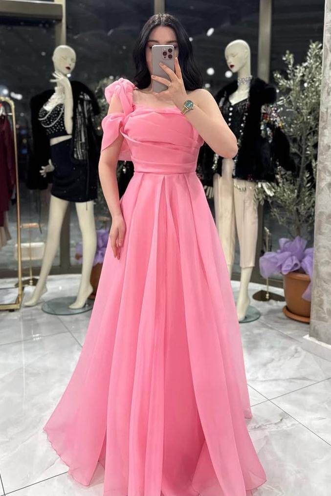 Sleeveless One Shoulder Long A Line Evening Formal Dress With Pleated