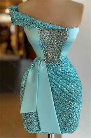 Sleeveless One Shoulder Short Sequins Homecoming Dress Pleated With Belt