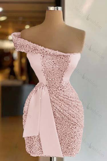 Sleeveless One Shoulder Short Sequins Homecoming Dress Pleated With Belt