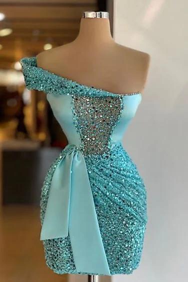 Sleeveless One Shoulder Short Sequins Homecoming Dress Pleated With Belt