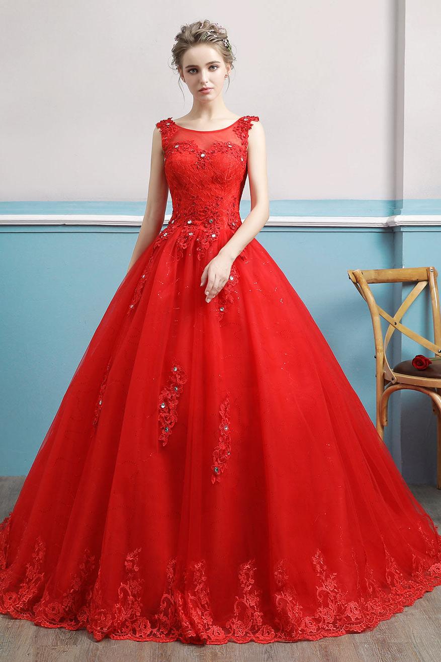 Sleeveless Ruby Jewel Tulle Lace Ball Gown Wedding Dresses Long