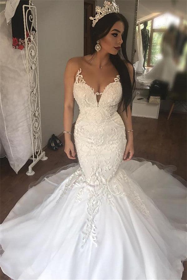 Sleeveless See Through Tulle Sexy Wedding Dresses | Mermaid Beads Appliques Bridal Dress with Long Train WE0207