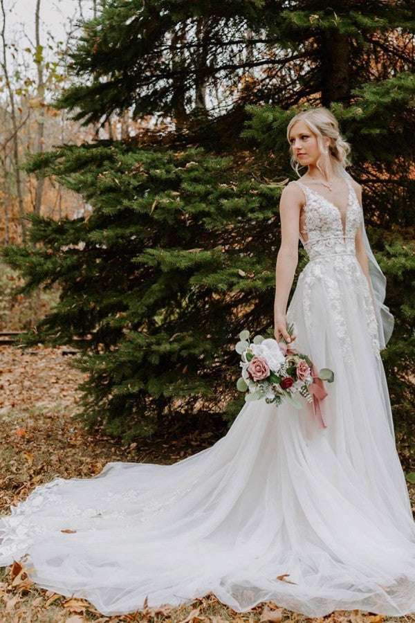 Sleeveless Simple Beach Wedding Dress Lace Tulle Long Dress for Bride