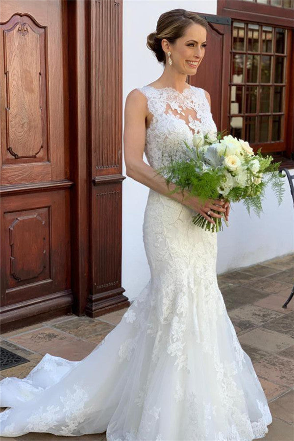 Sleeveless Strap Lace Appliques Bridal Gowns | Elegant Mermaid Wedding Dresses