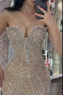 Sleeveless Strapless Beading Mermaid Long Evening Formal Dress With High Split