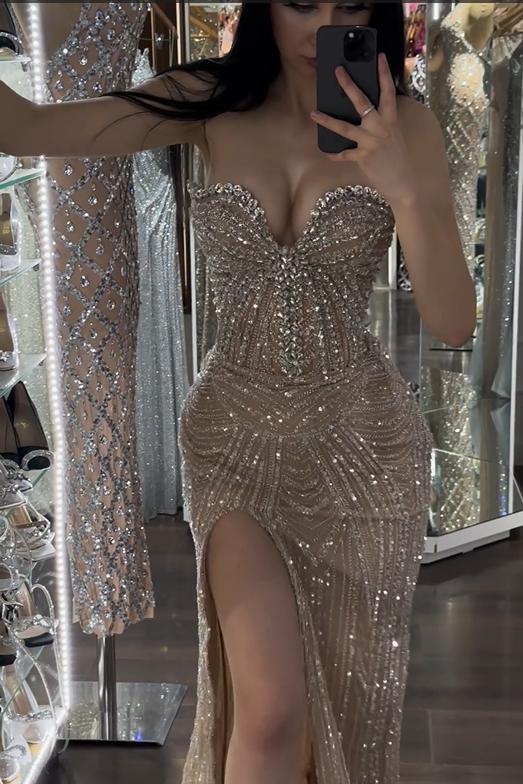 Sleeveless Strapless Beading Mermaid Long Evening Formal Dress With High Split