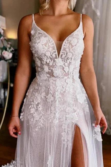 Sleeveless V-neck Straps Sexy Split Court Train Wedding Dress (ZD16488)