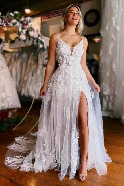Sleeveless V-neck Straps Sexy Split Court Train Wedding Dress (ZD16488)