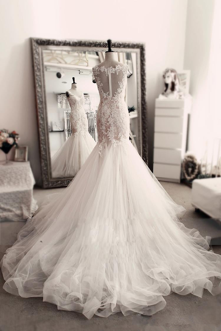 Sleevelss Sheath Mermaid Wedding Dresses Lace  Tulle Long Bridal Gowns