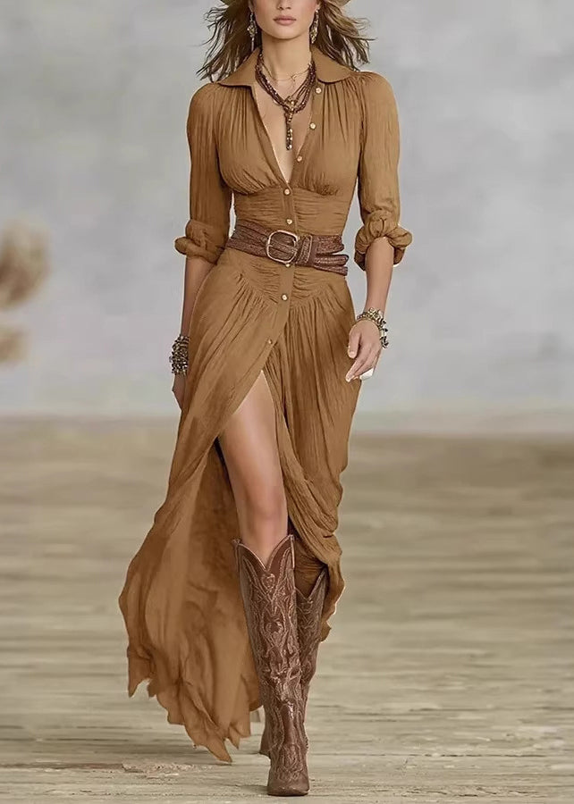 Slim Fit Army Green Wrinkled Button Solid Cotton Maxi Dresses Spring