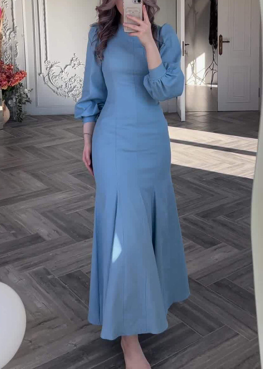 Slim Fit Blue Original Design Solid Cotton Dress Fall